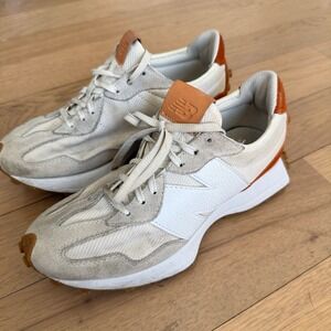 New Balance White and Tan Suede Mesh Sneakers